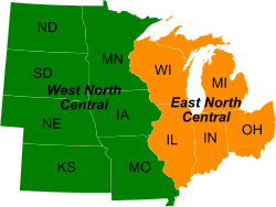 Divisions of the Midwest by the U.S. Census Bureau into East North Central and West North Central, separated largely by the Mississippi River[1]