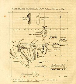 The chart of the Galápagos published by the English pirate William Ambrosia Cowley in 1684, the source of many of the islands' English names