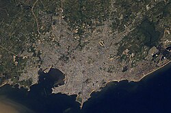 Montevideo's natural harbor is clearly seen from above.