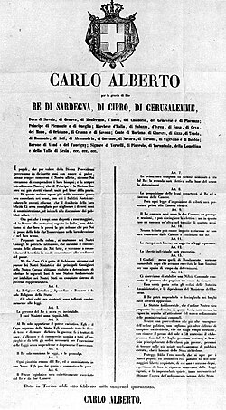 Notice of the proclamation of the Statuto Albertino in 1848 by King Charles Albert of Sardinia