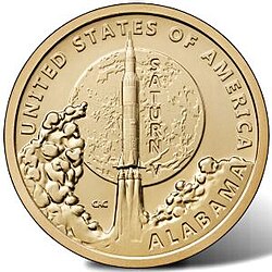 The Saturn V depicted on the reverse of the 2024 Alabama American Innovation dollar