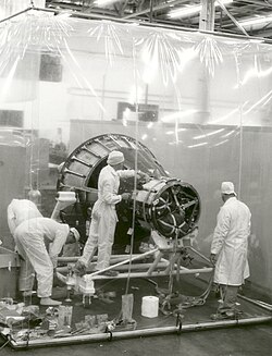 Spacecraft production in clean room at McDonnell Aircraft, St. Louis, 1960