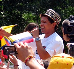 Jorge Celedón of the Binomio de Oro de América band. The Vallenato, along with Cumbia, are the two most popular Colombian folk music genres heard in Latin America.