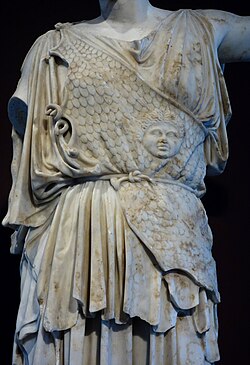 The aegis on the so-called Athena Lemnia, a Roman statue type often identified as a copy of a work by the Classical Greek sculptor Pheidias (Dresden Skulpturensammlung)
