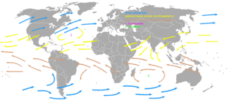The westerlies (blue arrows) and trade winds (yellow and brown arrows)