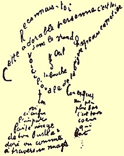 A calligram by Guillaume Apollinaire. These are a type of poem in which the written words are arranged in such a way to produce a visual image.