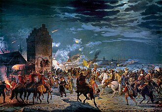 The Assault on Copenhagen on 11 February 1659 during the Second Northern War. Danish defenders under King Frederick III successfully repelled the forces of the Swedish Empire. Painting by Frederik Christian Lund.