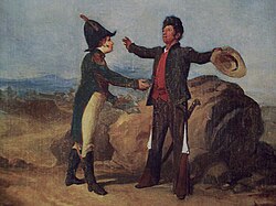 Vicente Guerrero and Agustín de Iturbide in the "Abrazo of Acatempan", when they agreed to combine forces to fight the royalist army. Oil painting by Román Sagredo, collection of the Museo Nacional de Historia, INAH, México.