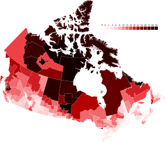 A map of Canada showing the percent of self-reported Indigenous identity (First Nations, Inuit, Métis) by census division, according to the 2021 Canadian census[201]