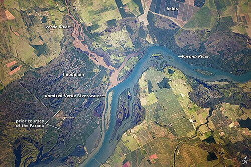 Paraná River floodplain, at its confluence with the headstream of the Paranaíba (on the right) and the Verde River, near Panorama, Brazil