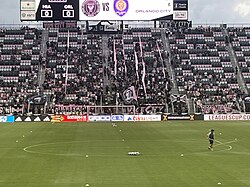 Supporter section at Chase Stadium with The Siege (Siege Miami) in the right and Vice City 1896 and Southern Legion (La Legion) in the middle