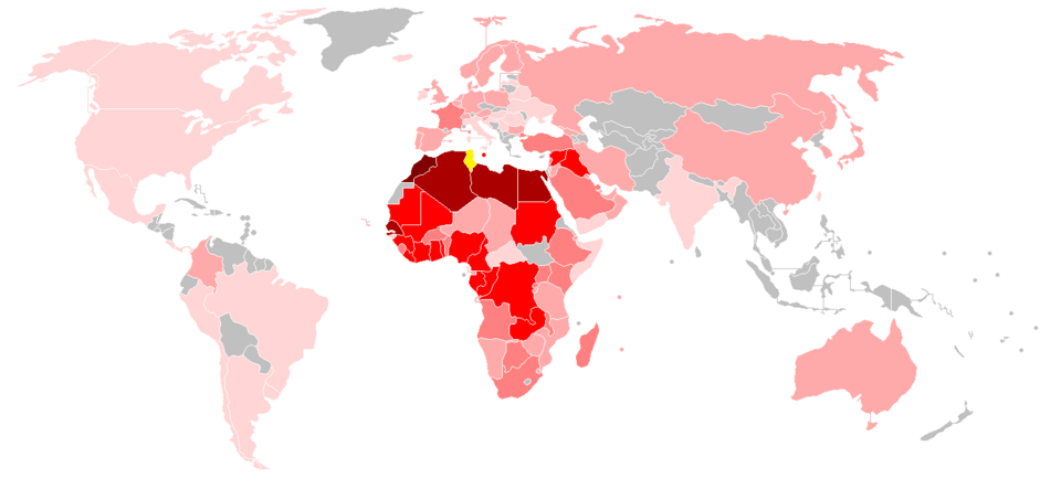Map of teams played against Tunisia by number of matches:[note 8] 1 Match 2–4 Matches 5–9 Matches 10–20 Matches 20–49 Matches +50 Matches