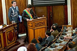 Morales addressing Bolivia's Parliament