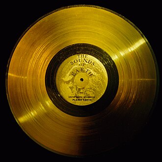 Grooved side of the Voyager Golden Record launched aboard the Voyager probes to space, which features music from around the world