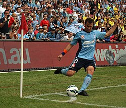 Alessandro Del Piero takes a corner kick for Sydney FC.