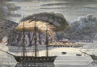 HMS North Star destroying Pomare's Pā, 1845. Painting by John Williams.[4]