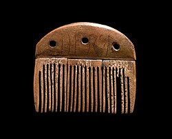 The Vimose Comb, from the island of Funen, Denmark, features the earliest known runic inscription (AD 150 to 200) and simply reads, ᚺᚨᚱᛃᚨ "Harja", a male name.[61]