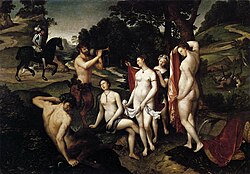 In François Clouet's Bath of Diana (1558–59) Actaeon's passing on horseback at left and mauling as a stag at right is incidental to the three female nudes.
