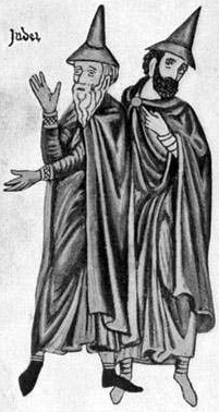 Jews wearing the pileus cornutus depicted ca. 1185 in the Hortus deliciarum of the Abbess Herrad of Landsberg.