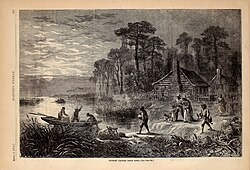 "NEGROES LEAVING THEIR HOME: The view on page 237 illustrates a phase of the war which the rebels have found it difficult to contemplate with any complacency. The exodus of the slaves from the bondage which has so long oppressed them has been steady and continuous from the moment the first blow was struck against the national honor, and it still goes on, hundreds and thousands of the poor, outraged creatures cowing weekly into tho Union lines at all points in the field. Our sketch gives an admirable view of the desolation which surrounds the homes of the negroes, and the heartiness and energy with which they make their way to freedom upon the slightest opportunity. The Federal gun-boat, it will be seen, lies far out at sea, but the sharp eyes of the waiting, watching bondmen have caught sight of the flag she carries; they know there is shelter under it for them, and launching their little boat, they carefully put the aged and infirm, with their few more valuable effects, aboard, and, with a pang, it may be, at leaving their rude home, but with hope and joy in their hearts at the prospect of deliverance, pull away from the shore, which henceforth is to be to them only a dark dreary line marking a yet darker past. There is pathos as well as history in the picture." (Harper's Weekly, April 9, 1864)