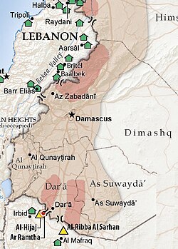 Areas of conflict and displacement (light purple), refugee camps (yellow triangles), displaced in host homes (green houses), FSA held territory (red), June 2012.[253][254]