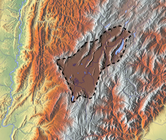 The Bogotá savanna is the high plateau in the Andes where Bogotá is located. The flatlands are clearly visible in the topography and the result of a Pleistocene lake; Lake Humboldt, that existed until around 30,000 years BP