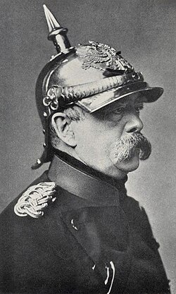 Otto von Bismarck, a civilian, wearing a cuirassier officer's metal Pickelhaube