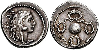 Denarius minted in 56 BC by Pompey's supporter Faustus Sulla[e][88][89]