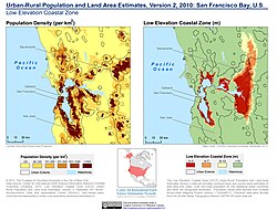 Population density and low-elevation coastal zones in San Francisco Bay (2010). San Francisco Bay is especially vulnerable to sea level rise.