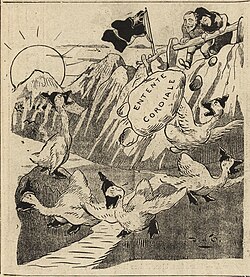 A 1906 French caricature by John Grand-Carteret (1850–1927) depicting King Edward VII of Great Britain and a figure representing France hurling rocks at German ducks — a satirical take on the Entente Cordiale.