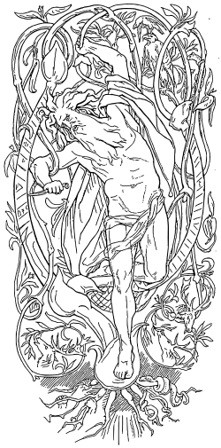 Odin sacrificing himself upon Yggdrasil as depicted by Lorenz Frølich, 1895