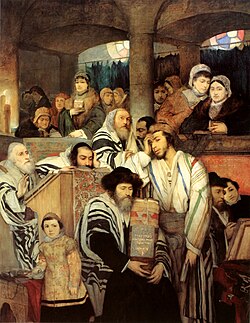 Maurycy Gottlieb's 1878 painting of Ashkenazi Jews praying in synagogue on Yom Kippur.