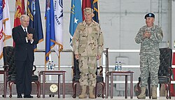 Robert Gates with Fallon and John Abizaid at the CENTCOM Change of Command ceremony, 2007