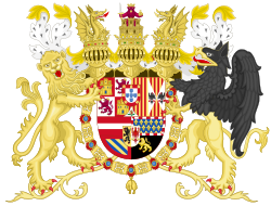 Coat of arms of Philip II and I of Spain and Portugal, inserting the coat of arms of Portugal over those of Castile and León and Aragon
