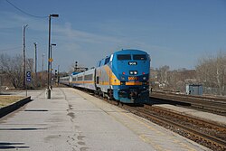 A Via Rail train approaching Belleville station