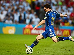 Lionel Messi, who is sponsored by Adidas, prepares to shoot with his dominant left foot during the final of the 2014 FIFA World Cup.