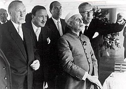 Photograph of Nehru and German chancellor Konrad Adenauer and Deutsche Bank chairman Hermann Josef Abs