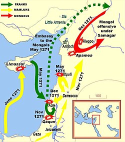 Baibars's siege of Bohemond VI in Tripoli was lifted in May 1271 when Edward I arrived in the Levant, starting the Ninth Crusade.