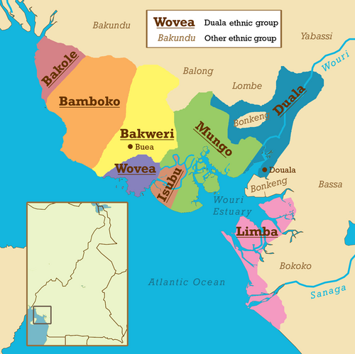 Map showing the location of the various Duala ethnic groups of Cameroon