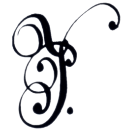 Cursive monogram or cipher P with flourishes and followed by a single dot