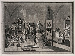 An etching of an imagined Inquisition jail, depicting a priest overseeing a scribe as prisoners are tortured on pulleys, racks, or with torches (date unknown)