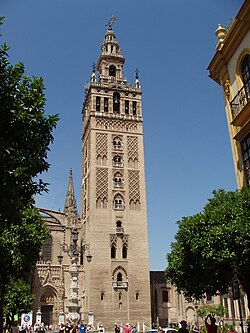 The Giralda, originally built by the Almohads as a minaret to the Great Mosque of Seville, is now the bell tower of the cathedral.