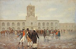 People gathered in front of the Buenos Aires Cabildo during the May Revolution