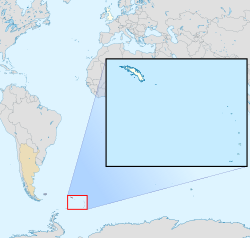 Location of South Georgia and the South Sandwich Islands (red and white), alongside the United Kingdom (white), with Argentina (beige) claiming them.