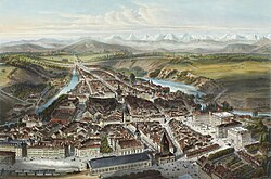 Bird's-eye view of Bern from the west, 1858. Lithography by Charles Fichot