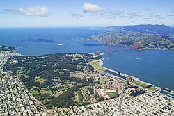 An aerial view of the Presidio of San Francisco and the Golden Gate