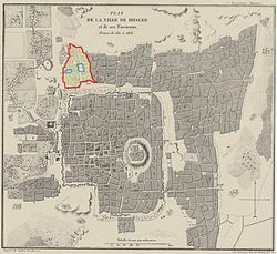Al-Jdayde shown in red as established outside walls of the ancient city, 1820s