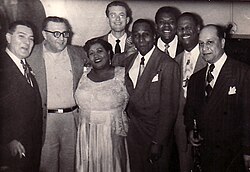 From left: Jack Teagarden, Sandy DeSantis, Velma Middleton, Fraser MacPherson, Cozy Cole, Arvell Shaw, Earl Hines, Barney Bigard at Palomar Supper Club, Vancouver, B.C. (March 17, 1951)
