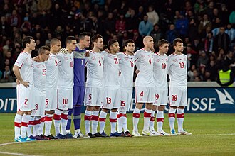 The Switzerland national team line-up before a friendly match against Argentina, 29 February 2012. Switzerland lost 1–3.[59]