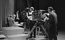 Tamvisio's camera operators film a television program at Frenckell's studio on January 2, 1965, in Tampere, Finland.